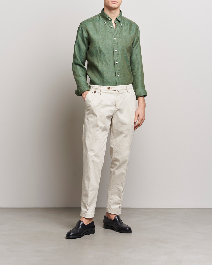 Heren | Overhemden | Eton | Slim Fit Linen Button Down Shirt Dark Green