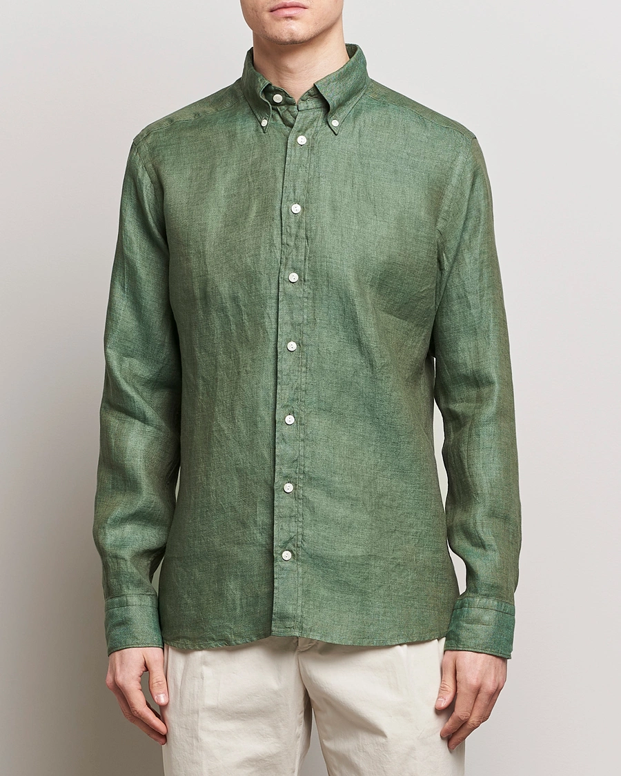 Heren | Casual | Eton | Slim Fit Linen Button Down Shirt Dark Green