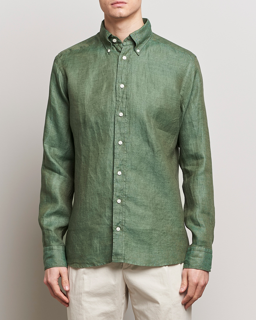 Heren | Afdelingen | Eton | Slim Fit Linen Button Down Shirt Dark Green