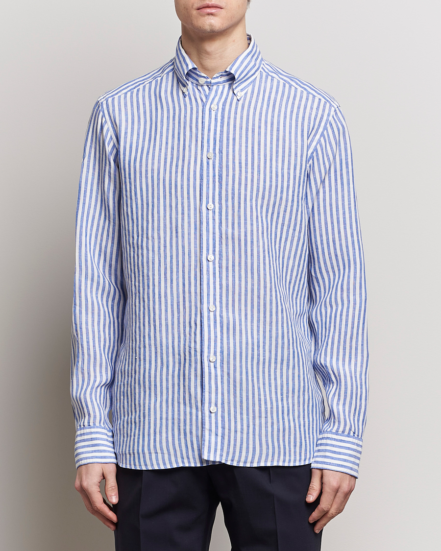 Heren | Casual | Eton | Slim Fit Striped Linen Shirt Blue/White