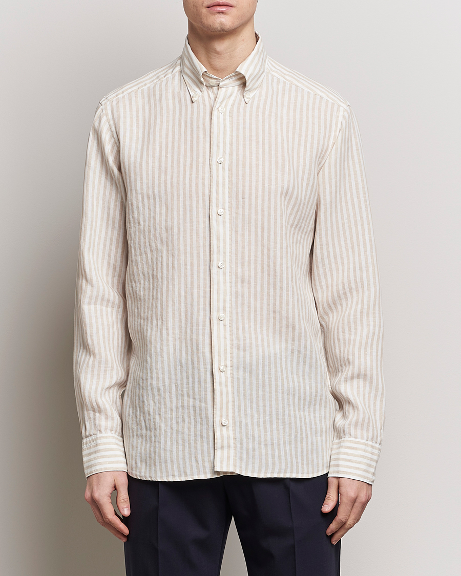 Heren | Casual | Eton | Slim Fit Striped Linen Shirt Beige/White