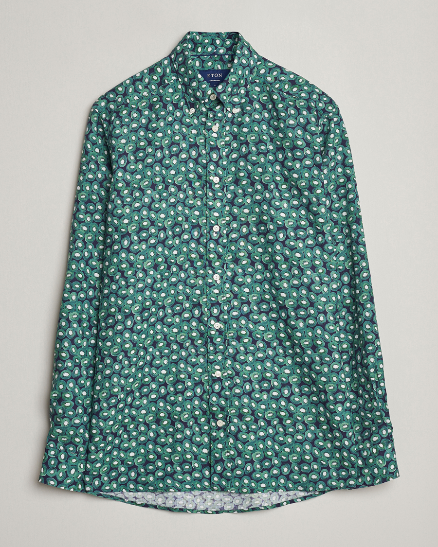 Heren | Overhemden | Eton | Contemporary Fit Printed Linen Shirt Green Kiwi
