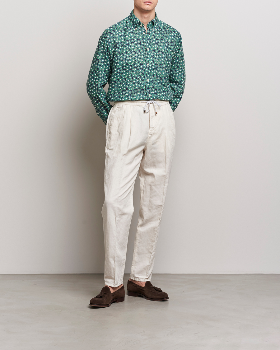 Heren | Overhemden | Eton | Contemporary Fit Printed Linen Shirt Green Kiwi