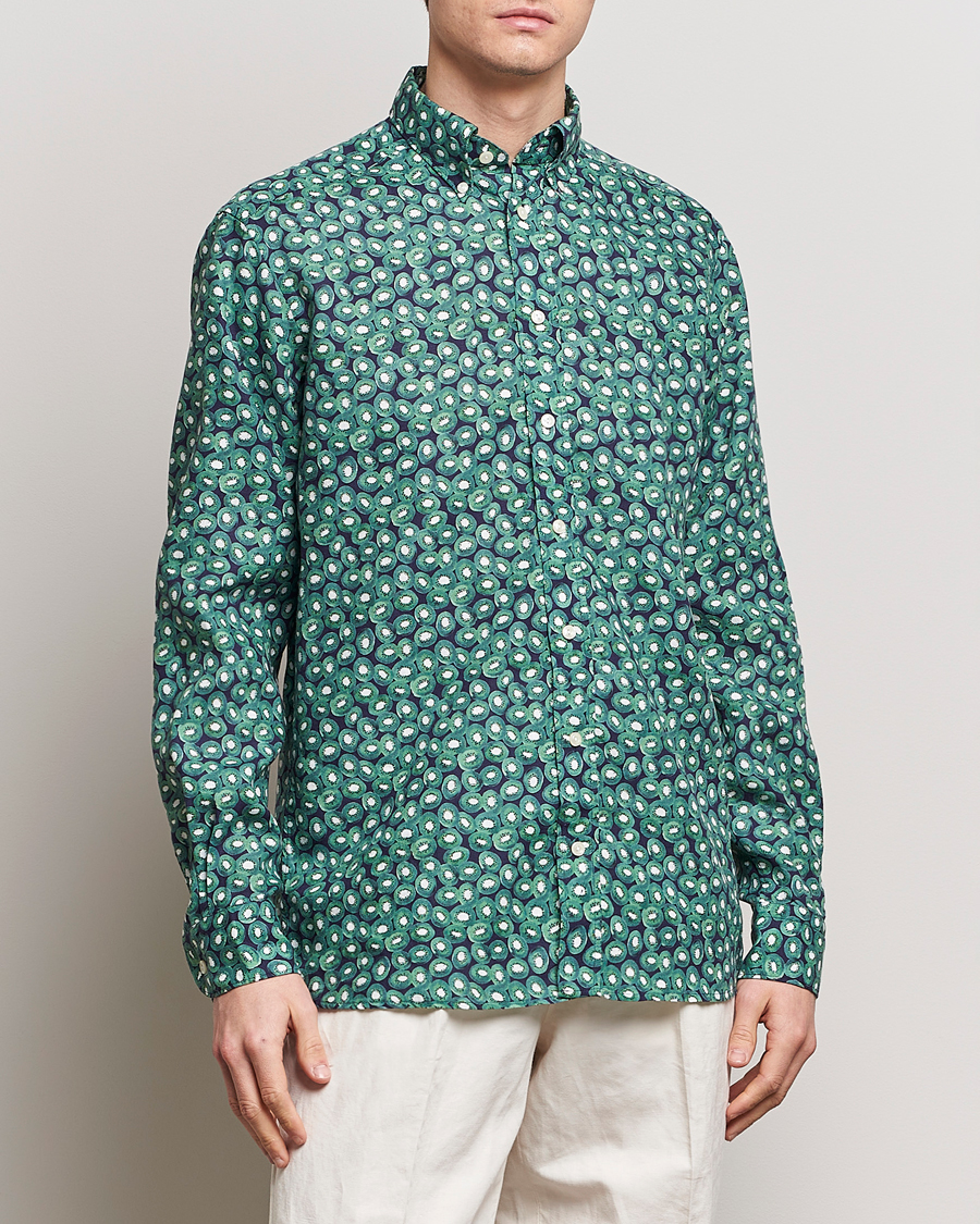 Heren | Linnen overhemden | Eton | Contemporary Fit Printed Linen Shirt Green Kiwi