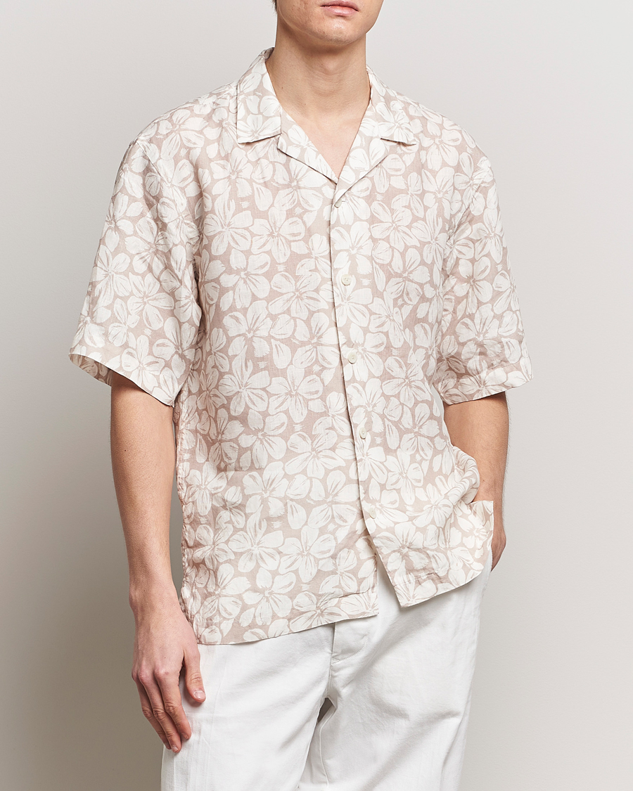 Heren | Overhemden met korte mouwen | Eton | Printed Floral Linen Resort Shirt Beige
