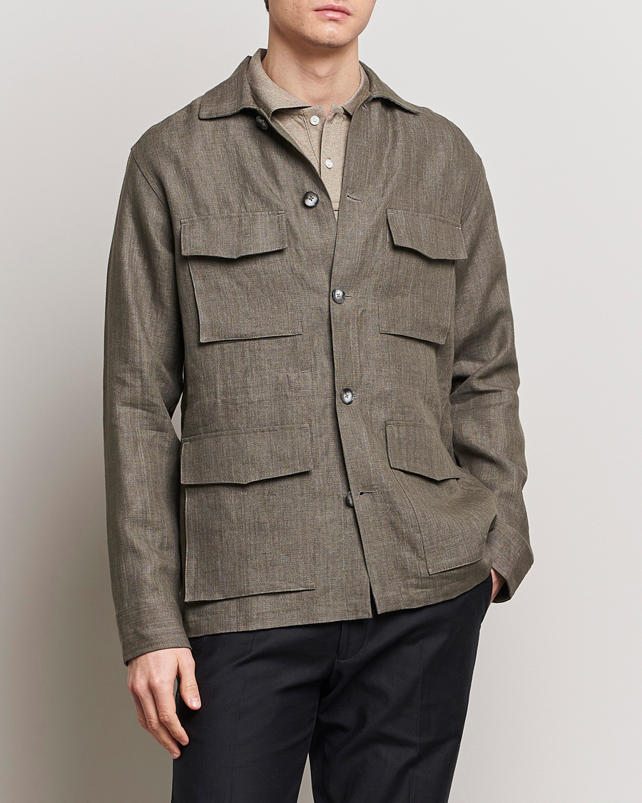 Heren | Sale | Eton | Heavy Linen Drawstring Field Jacket Dark Green