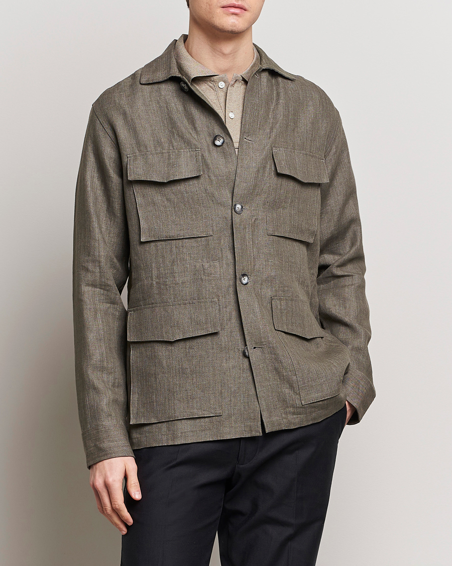 Heren | Veldjassen | Eton | Heavy Linen Drawstring Field Jacket Dark Green