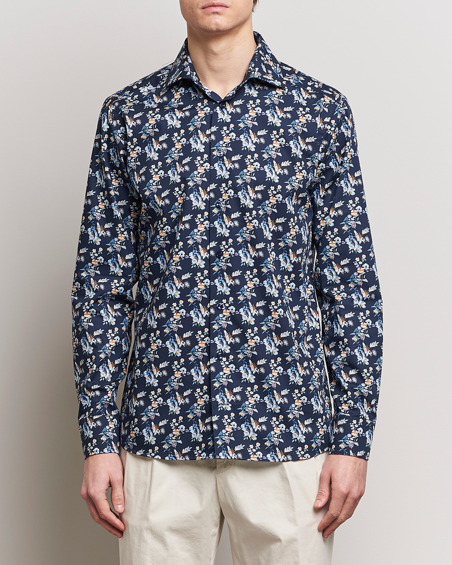 Heren | Overhemden | Eton | Slim Fit Twill Printed Flower Shirt Navy Blue