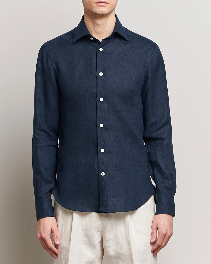 Heren | Overhemden | Kiton | Linen Sport Shirt Navy