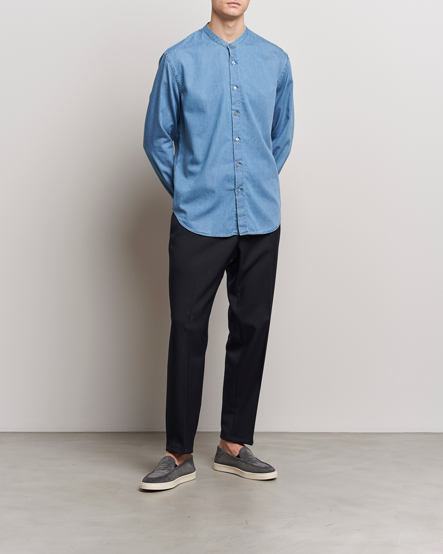 Heren | Overhemden | Giorgio Armani | Slim Fit Denim Guru Collar Shirt Light Indigo