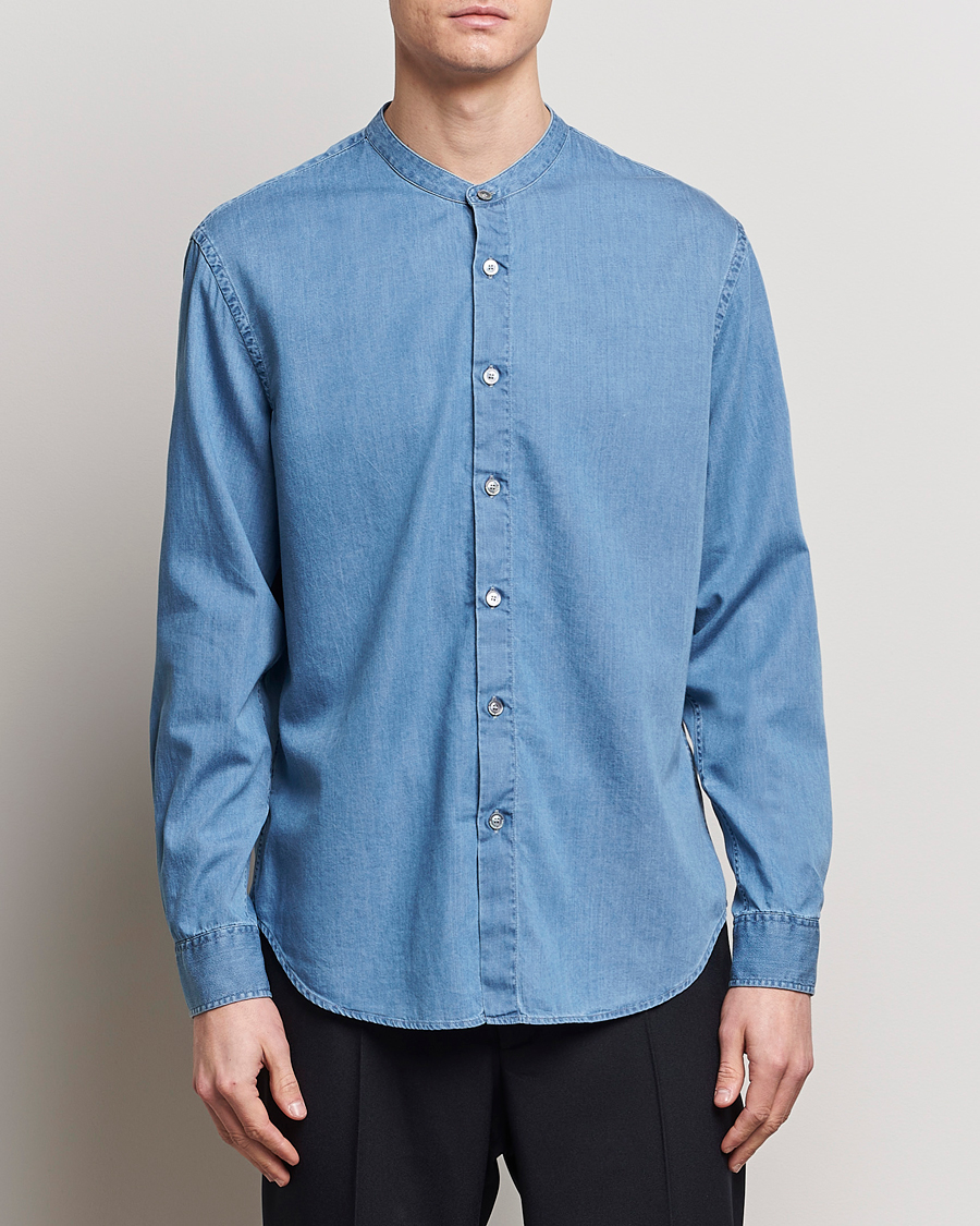 Heren | Italian Department | Giorgio Armani | Slim Fit Denim Guru Collar Shirt Light Indigo