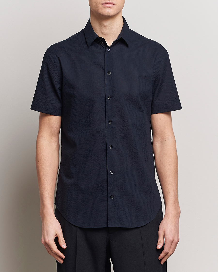 Heren | Italian Department | Giorgio Armani | Short Sleeve Seersucker Shirt Navy