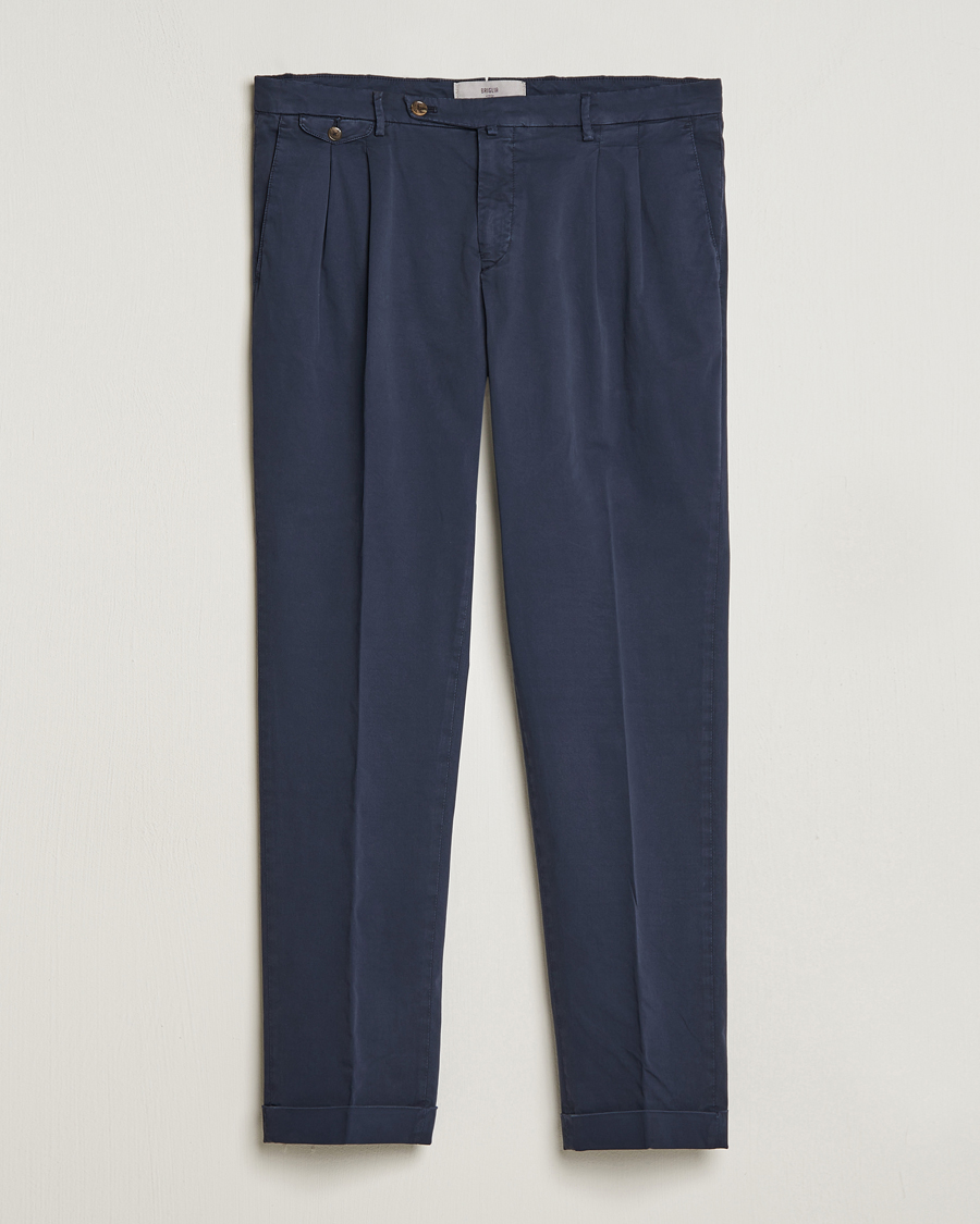 Heren | Broeken | Briglia 1949 | Easy Fit Pleated Cotton Stretch Chino Navy