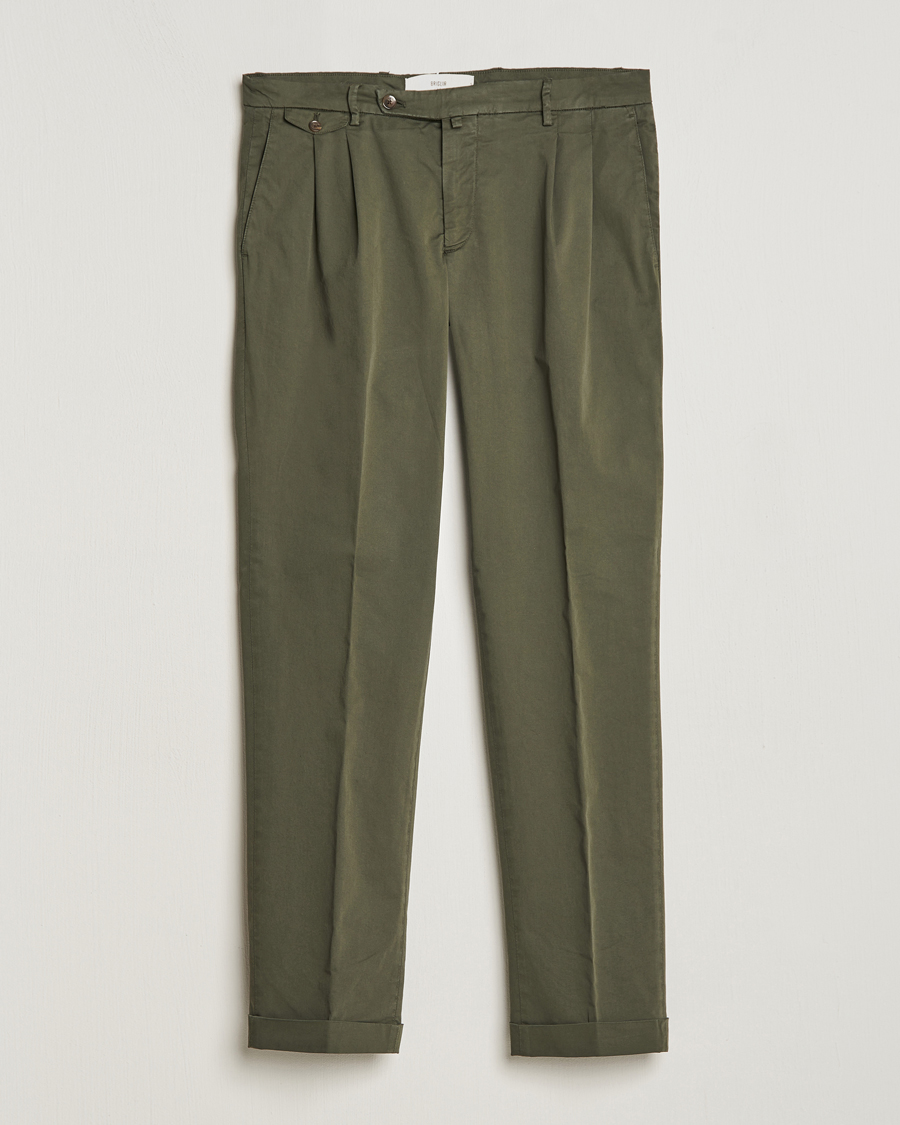Heren | Broeken | Briglia 1949 | Easy Fit Pleated Cotton Stretch Chino Olive