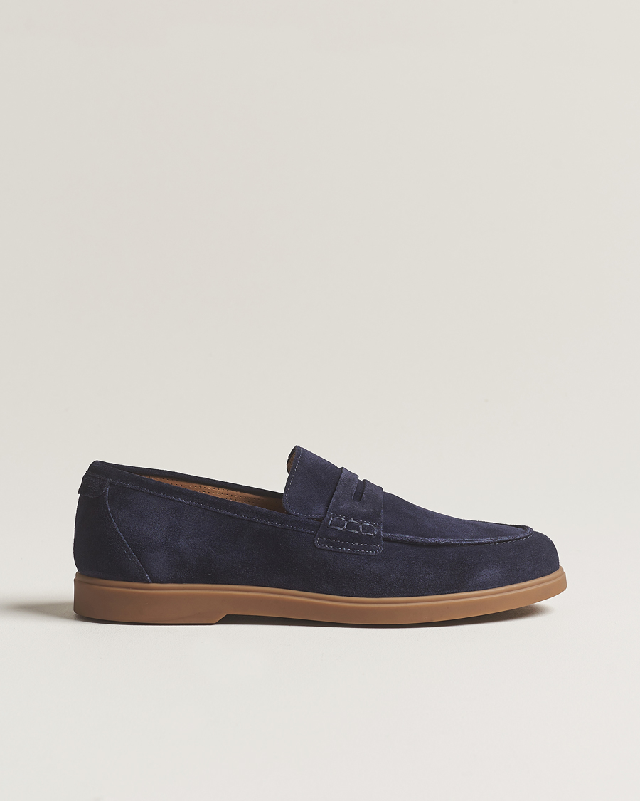 Heren | Loake 1880 Lucca Suede Penny Loafer Navy | Loake 1880 | Lucca Suede Penny Loafer Navy
