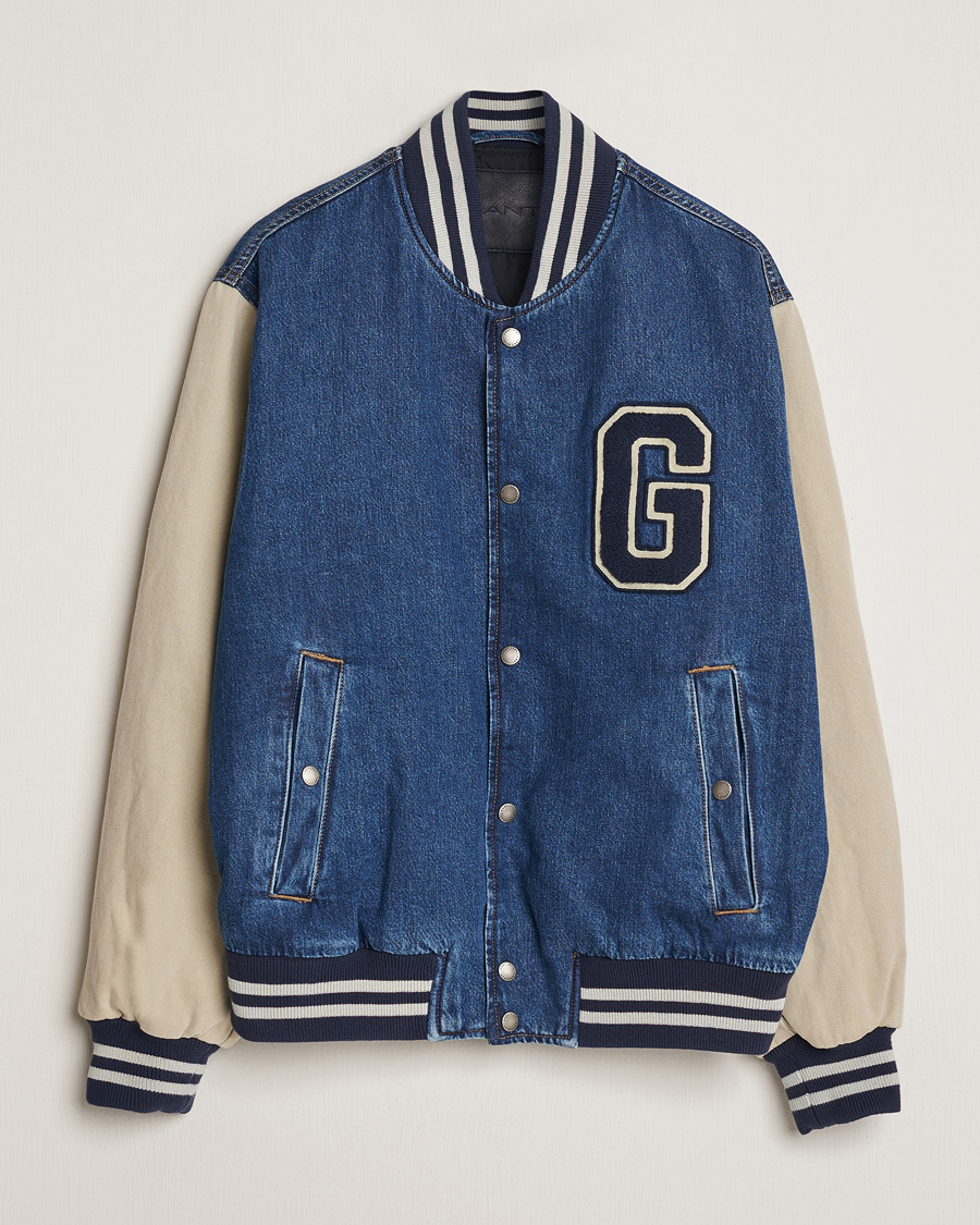 Heren | Jassen | GANT | Denim Varsity Jacket Dark Blue Worn In