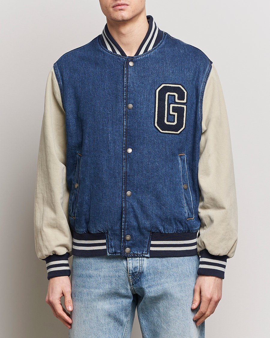 Heren | Sale -20% | GANT | Denim Varsity Jacket Dark Blue Worn In