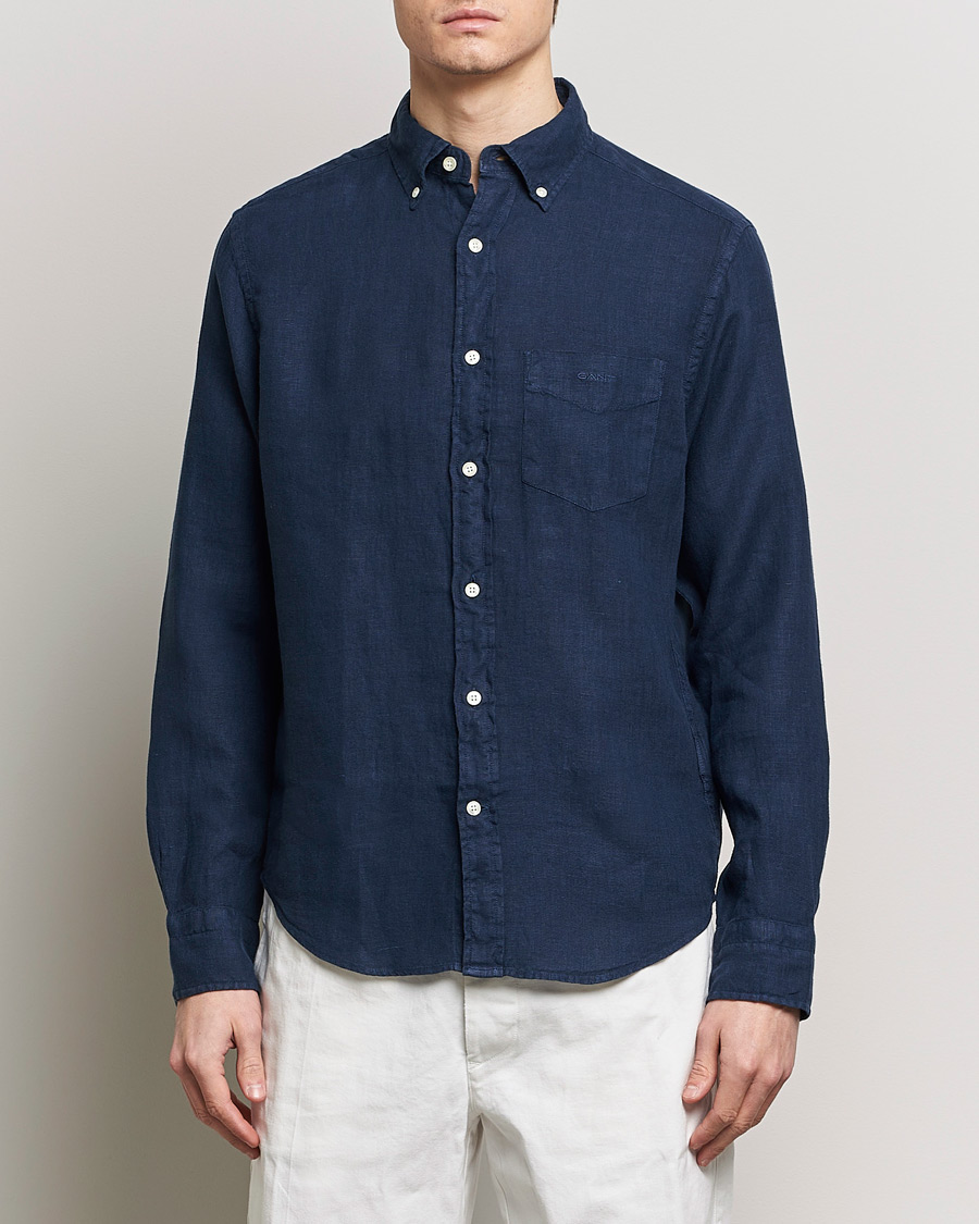 Heren | Overhemden | GANT | Regular Fit Garment Dyed Linen Shirt Marine