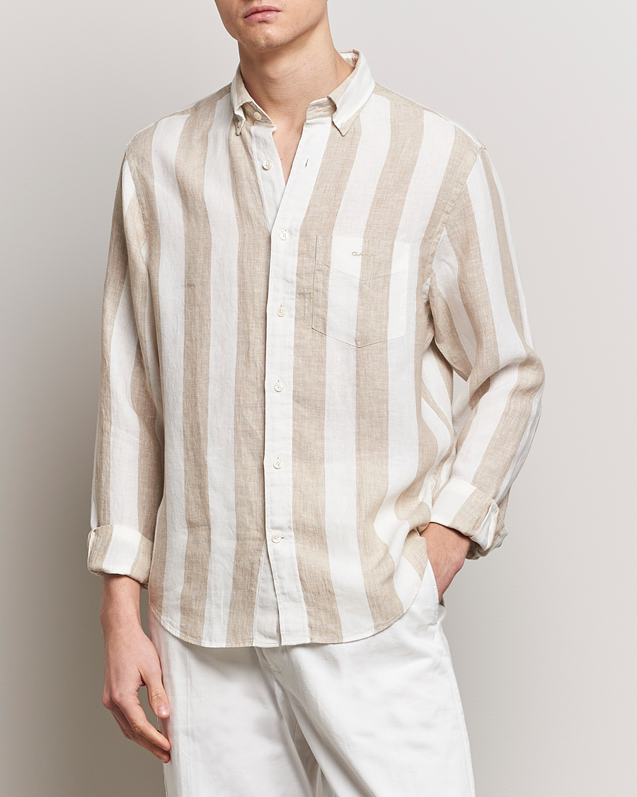 Heren | Nieuws | GANT | Regular Fit Bold Stripe Linen Shirt Beige/White