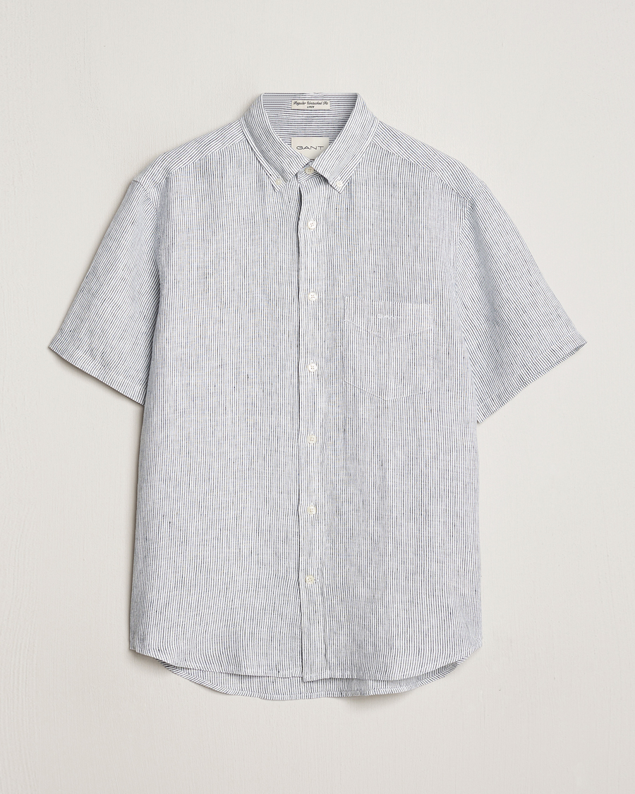 Heren | Overhemden | Gant | Regular Fit Striped Linen Short Sleeve Shirt White/Blue