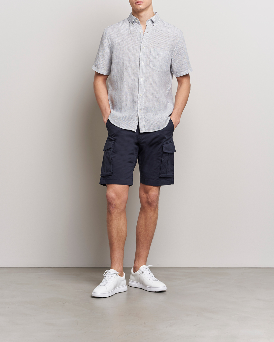 Heren | Overhemden | Gant | Regular Fit Striped Linen Short Sleeve Shirt White/Blue
