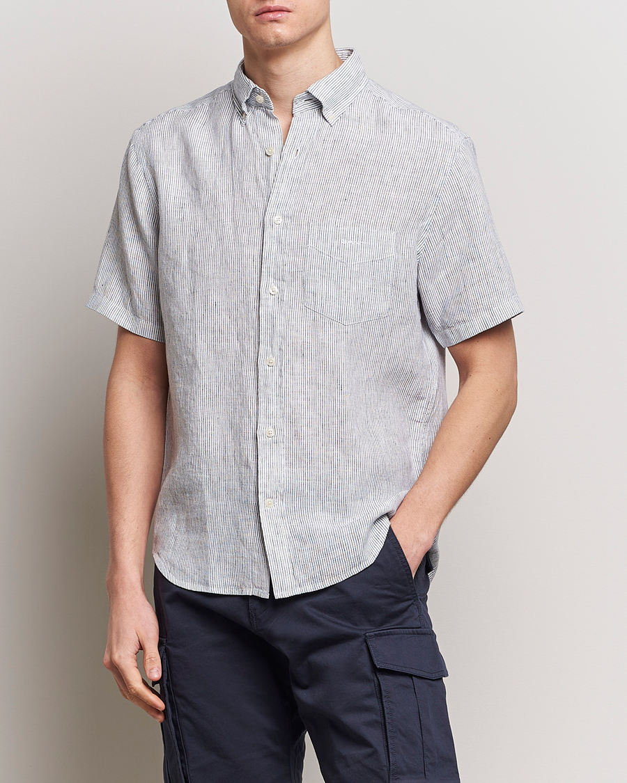 Heren | Overhemden | Gant | Regular Fit Striped Linen Short Sleeve Shirt White/Blue