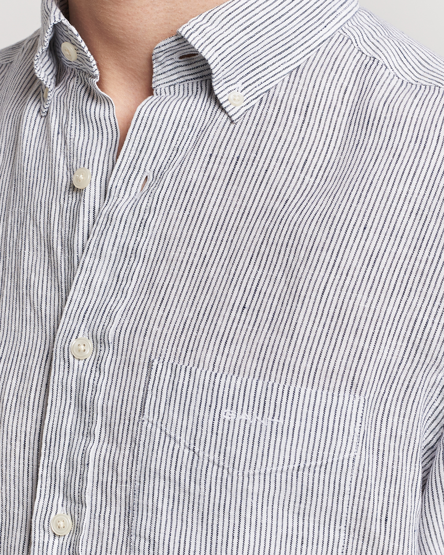 Heren | Overhemden | Gant | Regular Fit Striped Linen Short Sleeve Shirt White/Blue