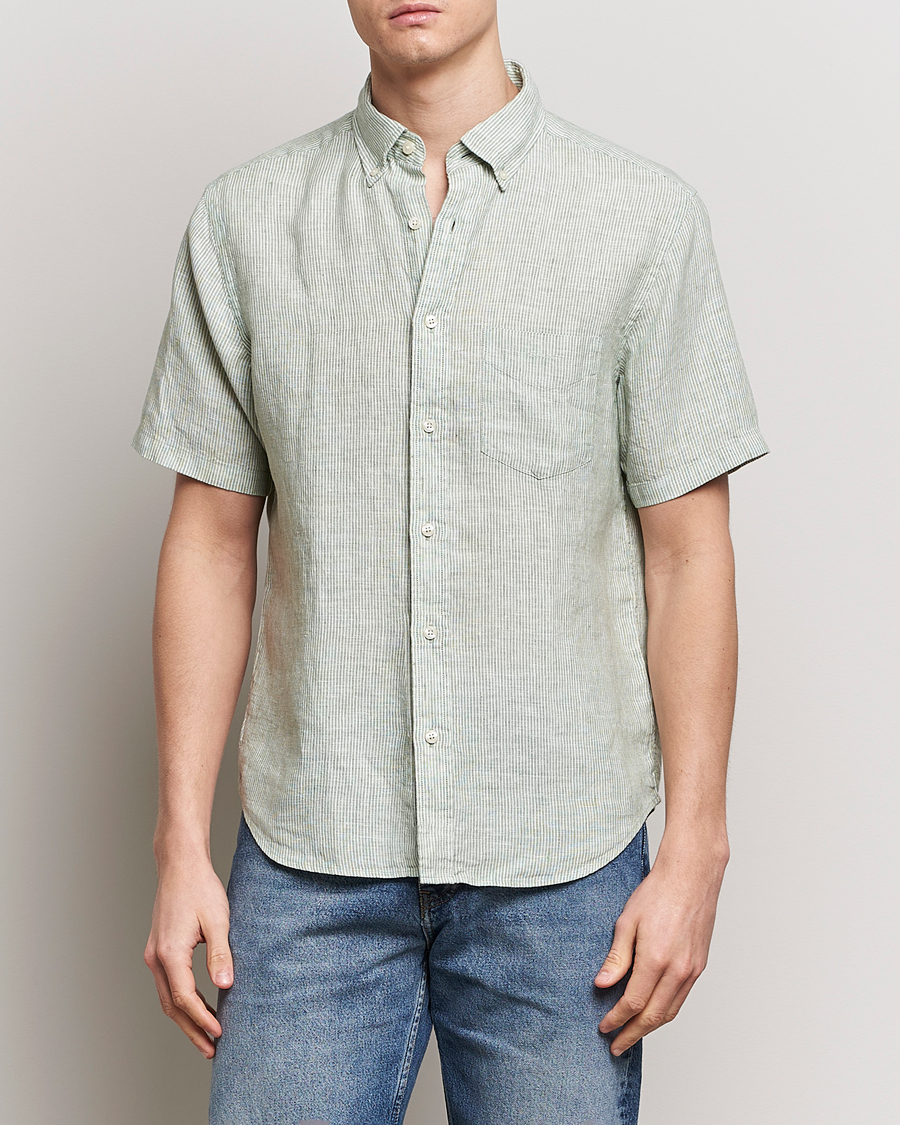 Men | Short Sleeve Shirts | GANT | Regular Fit Striped Linen Short Sleeve Shirt Green/White