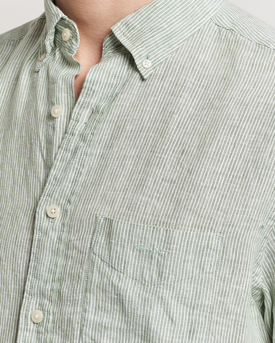 Heren | Overhemden | Gant | Regular Fit Striped Linen Short Sleeve Shirt Green/White