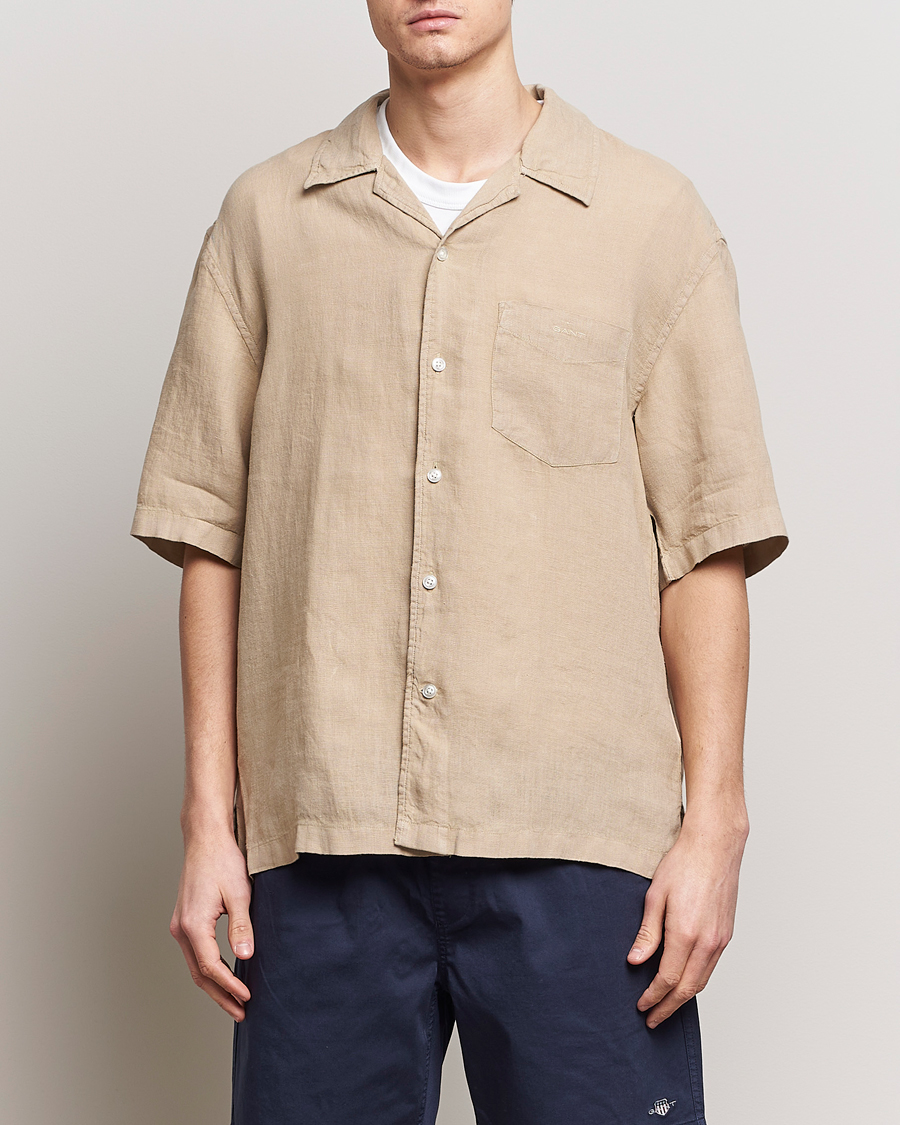 Heren | Overhemden | GANT | Relaxed Fit Linen Resort Short Sleeve Shirt Concrete Beige