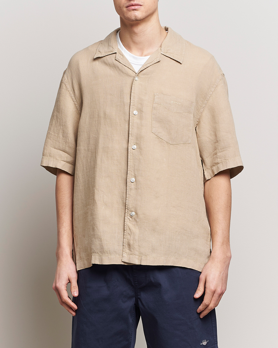 Heren | Overhemden | Gant | Relaxed Fit Linen Resort Short Sleeve Shirt Concrete Beige