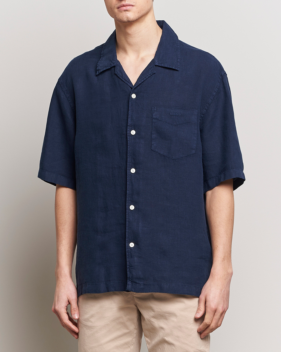 Heren | Overhemden met korte mouwen | GANT | Relaxed Fit Linen Resort Short Sleeve Shirt Marine