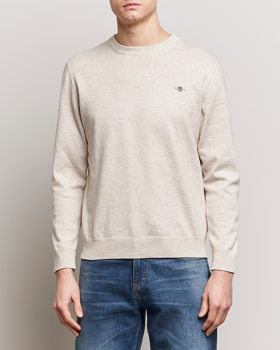 Heren | GANT | GANT | Classic Cotton Crew Neck Light Beige Melange