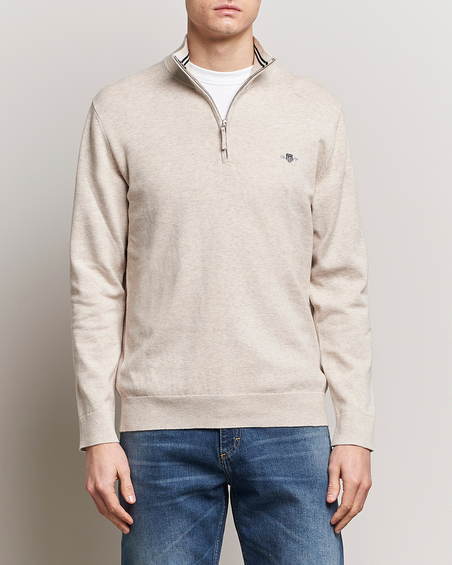 Heren | Truien | GANT | Classic Cotton Half Zip Light Beige Melange