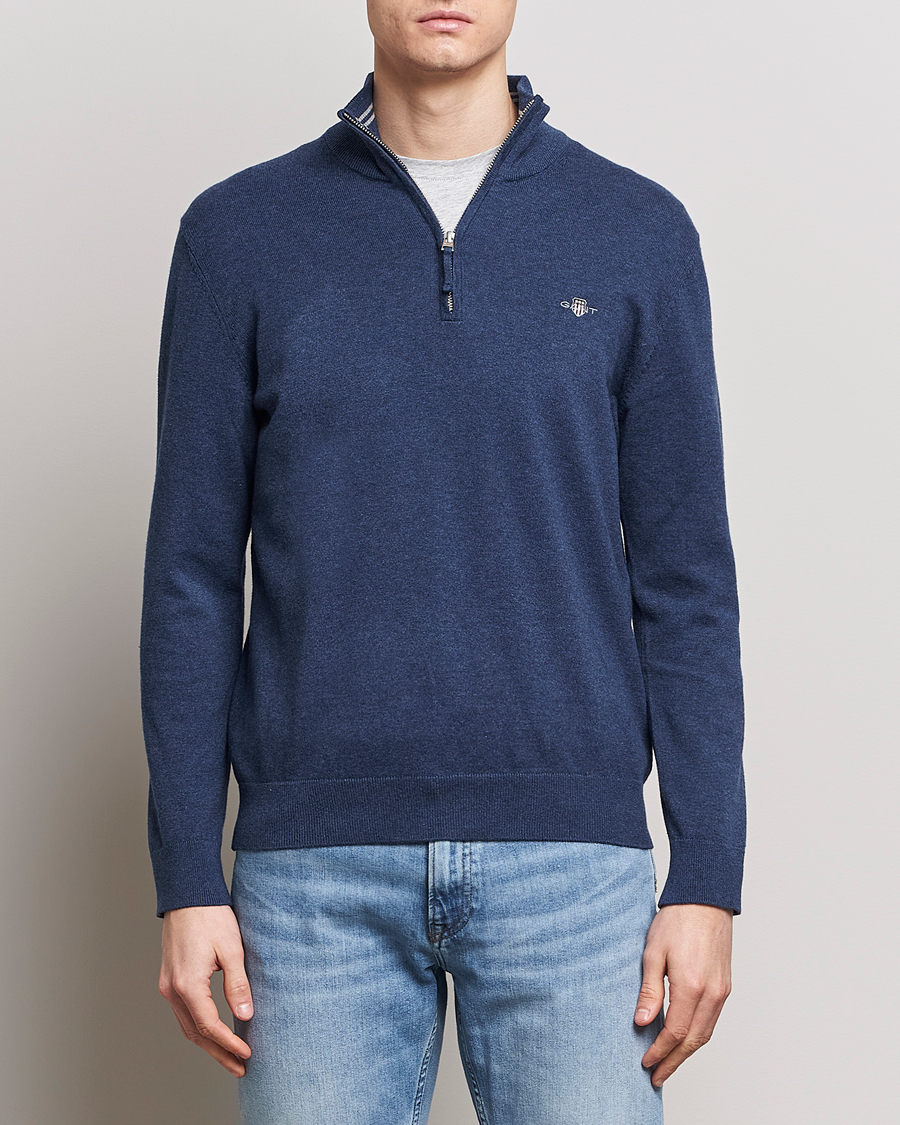 Heren | Sale -20% | GANT | Classic Cotton Half Zip Dark Jeans Blue Melange