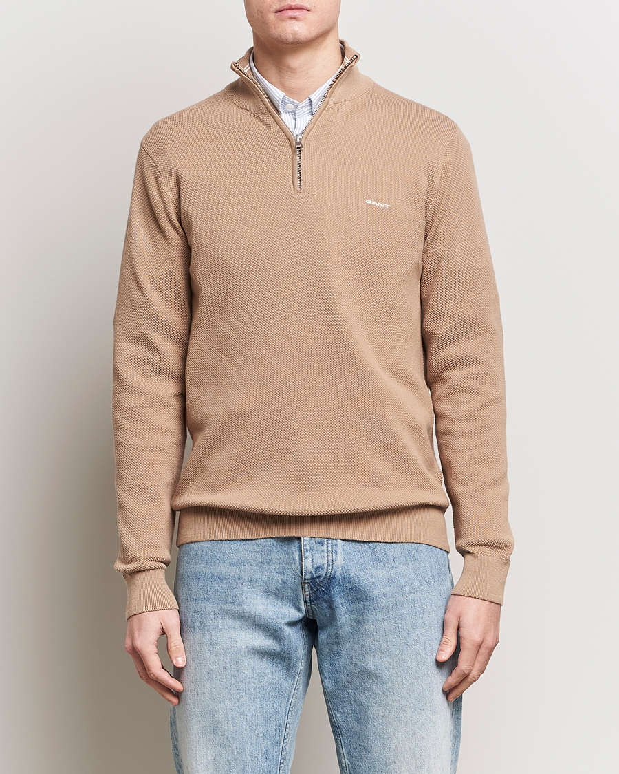 Heren | Sale | GANT | Cotton Pique Half-Zip Sweater Dark Khaki