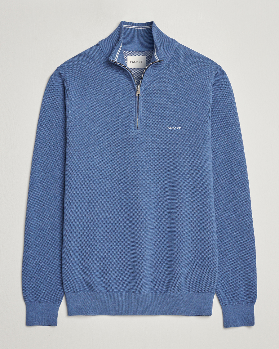 Heren | Truien | GANT | Cotton Pique Half-Zip Sweater Denim Blue Melange