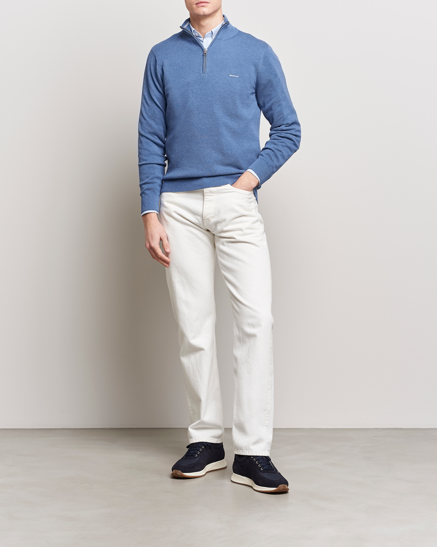 Heren | Truien | GANT | Cotton Pique Half-Zip Sweater Denim Blue Melange