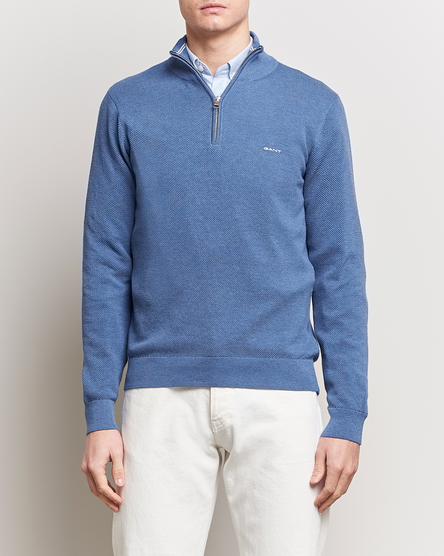 Heren | Preppy Authentic | GANT | Cotton Pique Half-Zip Sweater Denim Blue Melange