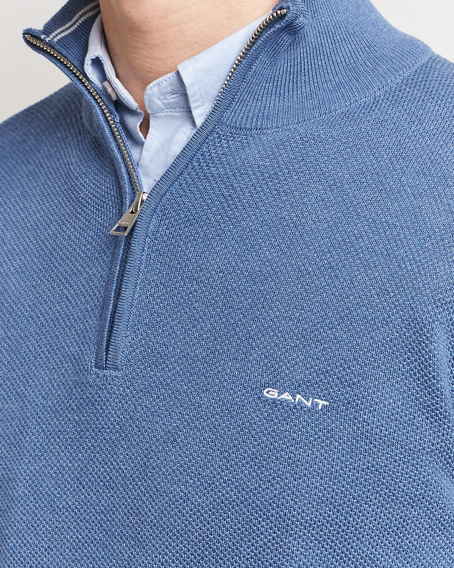 Heren | Truien | GANT | Cotton Pique Half-Zip Sweater Denim Blue Melange
