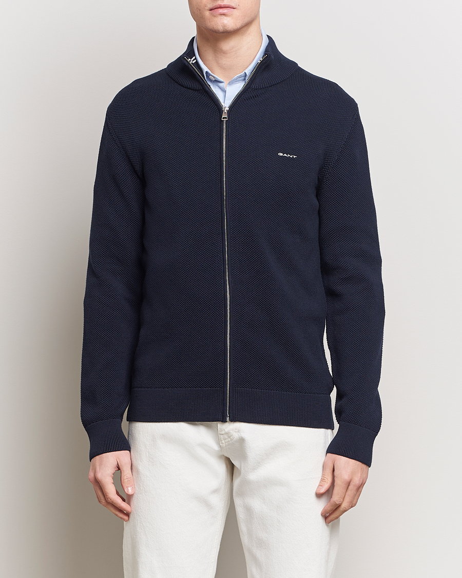Heren | Full-zip | GANT | Cotton Pique Full-Zip Sweater Evening Blue