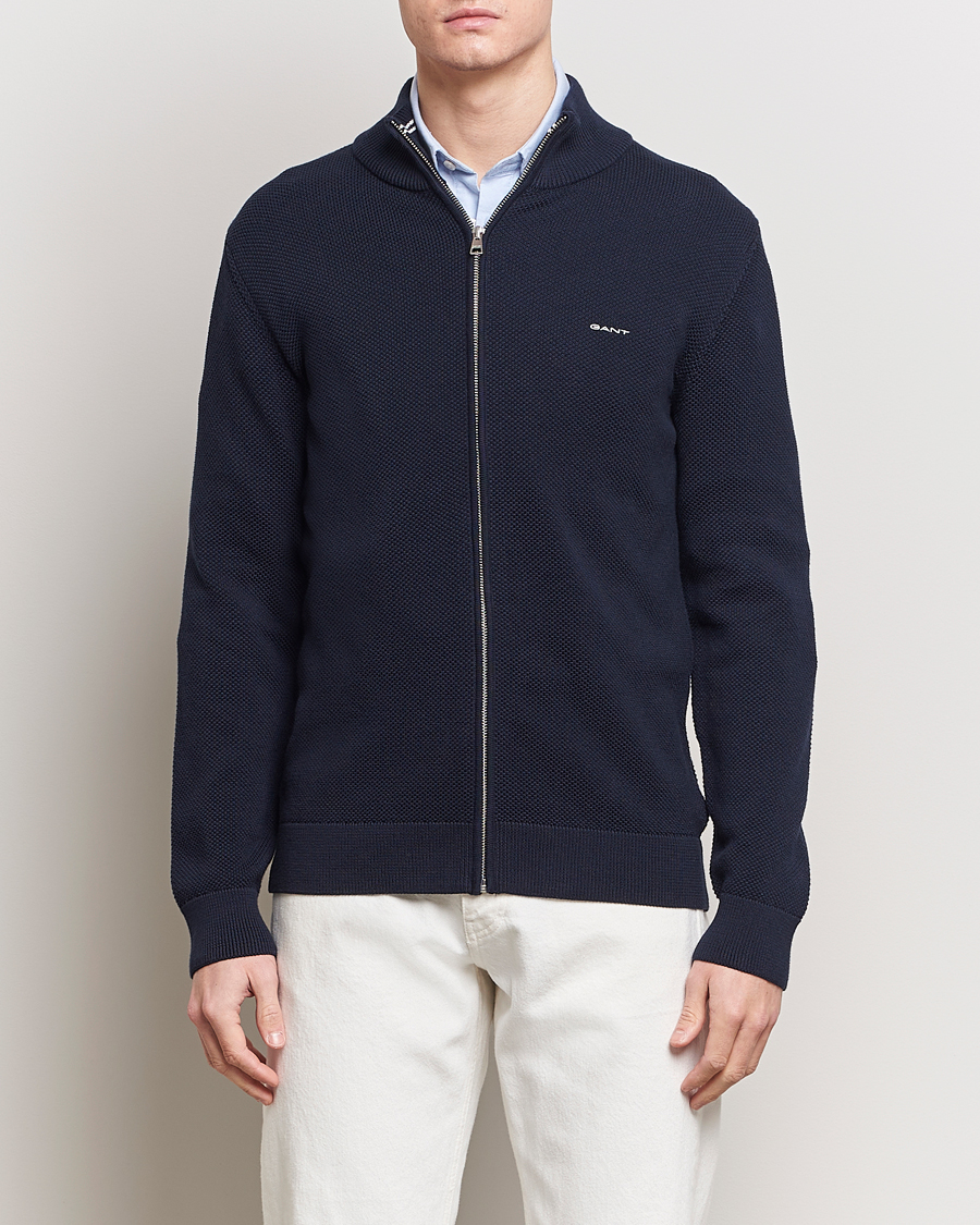 Heren | Preppy Authentic | GANT | Cotton Pique Full-Zip Sweater Evening Blue