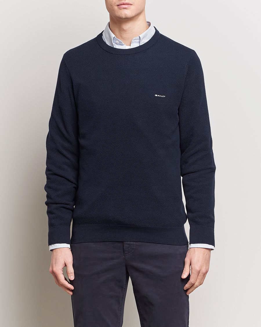 Men |  | GANT | Cotton Pique Crew Neck Sweater Evening Blue