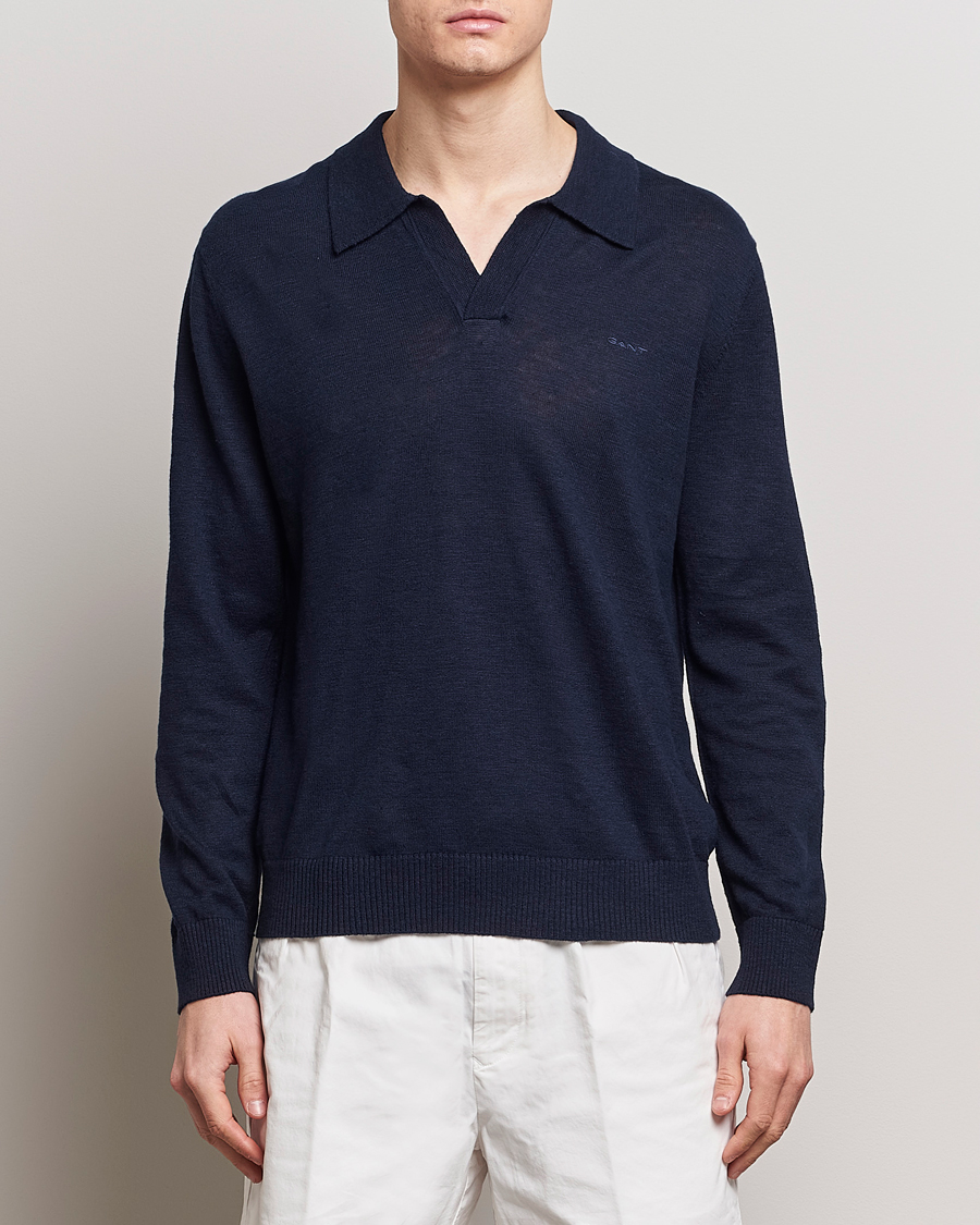 Heren | Sale -20% | GANT | Cotton/Linen Knitted Polo Evening Blue