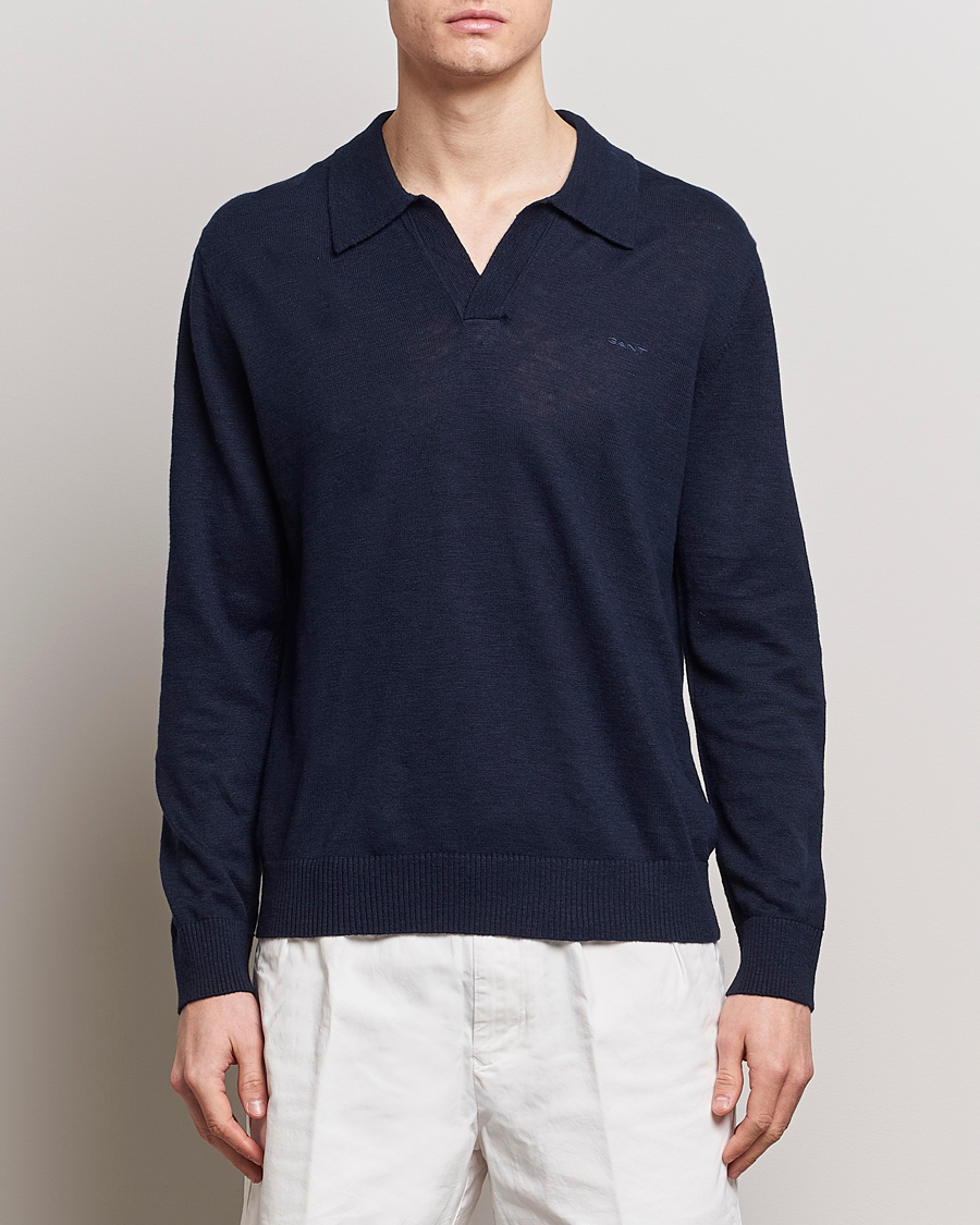 Heren |  | GANT | Cotton/Linen Knitted Polo Evening Blue