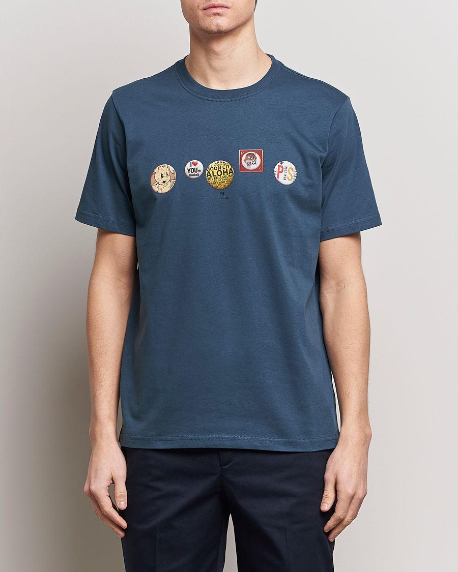 Men |  | PS Paul Smith | Organic Cotton Badges Crew Neck T-Shirt Blue