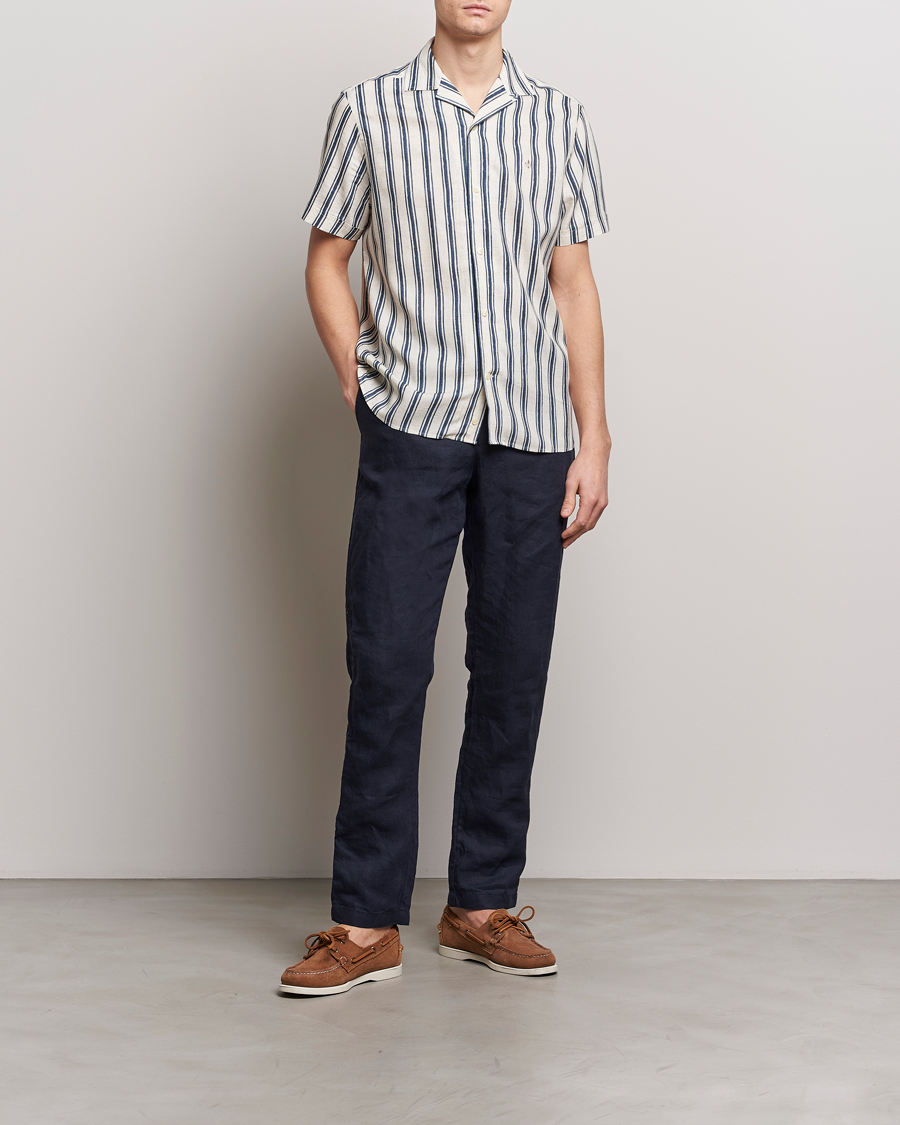 Heren | Overhemden | Morris | Printed Short Sleeve Shirt Navy/Beige