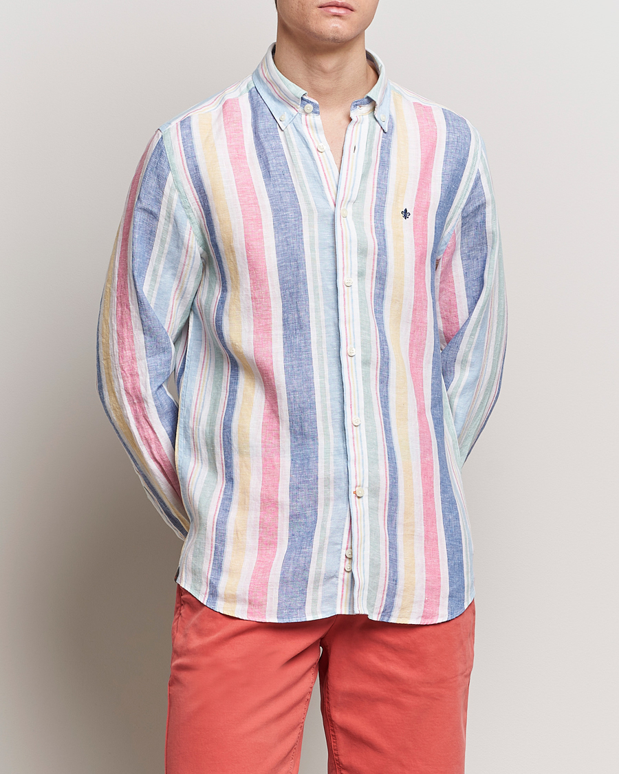 Heren | Morris | Morris | Happy Linen Stripe Shirt Light Blue