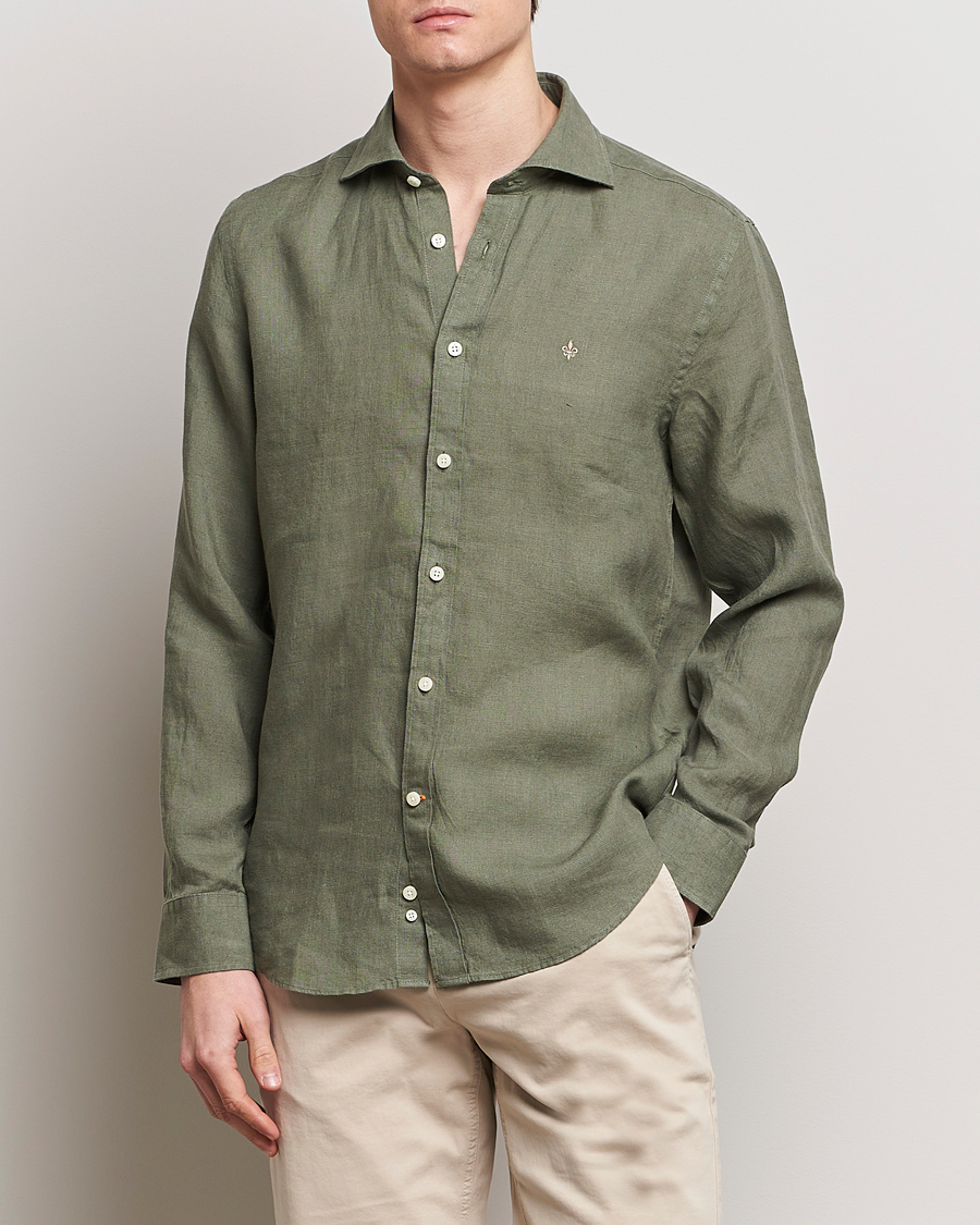 Heren | Overhemden | Morris | Slim Fit Linen Cut Away Shirt Olive