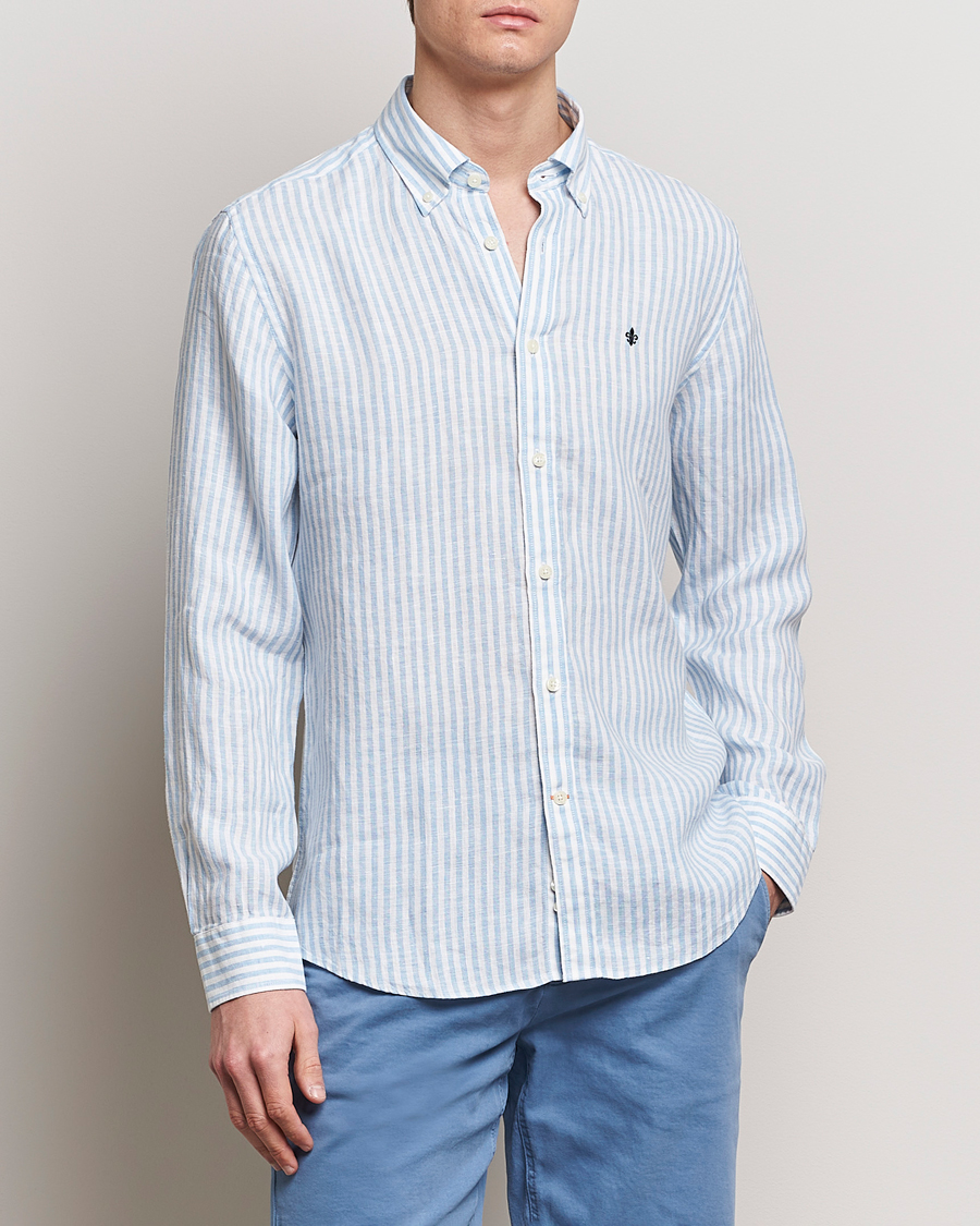 Heren | Linnen overhemden | Morris | Douglas Linen Stripe Shirt Light Blue